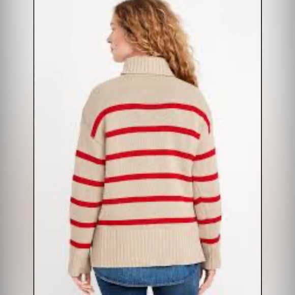 Old Navy Turtleneck Tunic Sweater – Size Large | Tan & Red Stripe | 100% Cotton - Picture 2 of 11